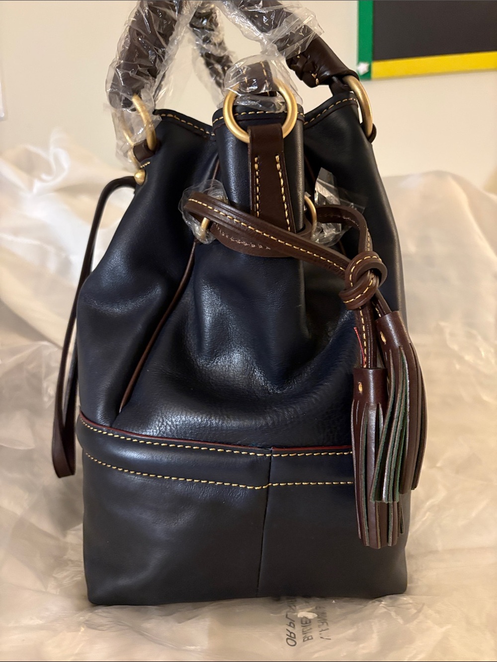 Dooney & Bourke Black Leather Bucket Tote with Brown Trim - Picture 4 of 6